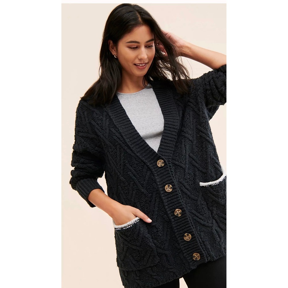 FREE‎ PEOPLE Montana Cable Knit Cardigan Sweater XS Black NEW Bohemian Casual